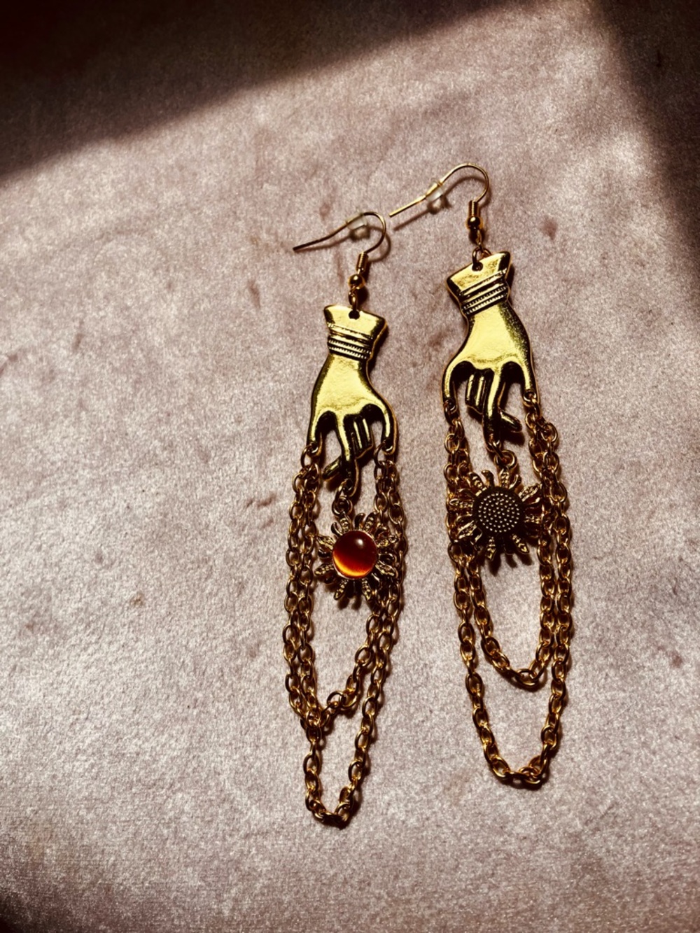 Gold Hand & Sun Drop Chain Earrings with Amber Stones
